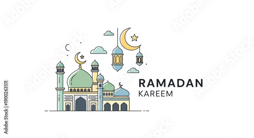 Ramadan Kareem Mosque Illustration with Crescent Moon.