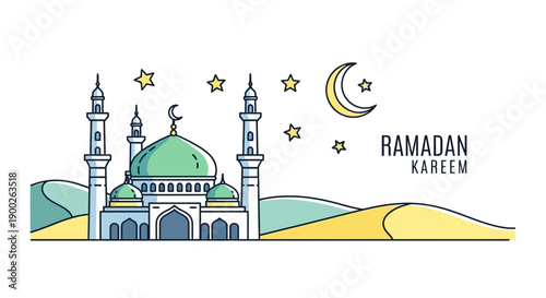 Mosque Illustration with Crescent Moon Stars.
