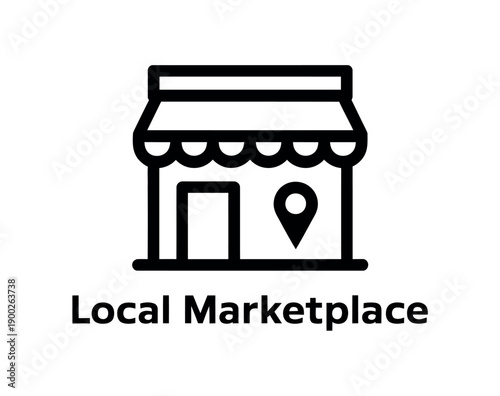 A simple black and white illustration of a local marketplace icon with a map pin