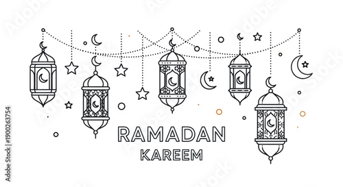 Ramadan Kareem Islamic Lanterns and Crescent Moon Decorations.