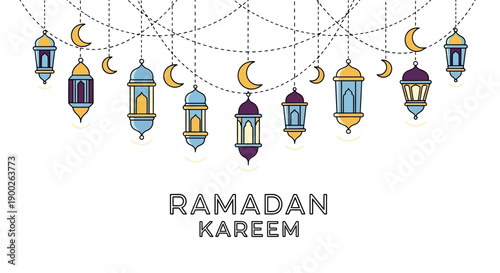 Ramadan Kareem decorative lanterns and crescent moons hanging.