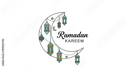 Ramadan Kareem Crescent Moon with Hanging Lanterns Illustration.
