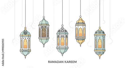 Traditional Islamic Lanterns Hanging Ramadan Kareem Celebration.