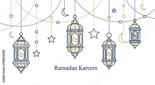 Ramadan Kareem Islamic Lanterns and Crescent Moon Decorations.