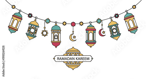 Ramadan Kareem Islamic Lanterns and Crescent Moon Decorations.