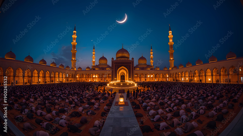 Obraz premium Communal evening prayer unfolds at a magnificent mosque, illuminated under a luminous crescent moon, a powerful scene of spiritual unity and devotion