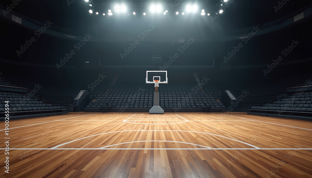 Obraz premium Empty basketball arena with wood court and spectator seats. Bright spotlights illuminate the hoop and playing surface. Perfect for sports, games, and team competitions.