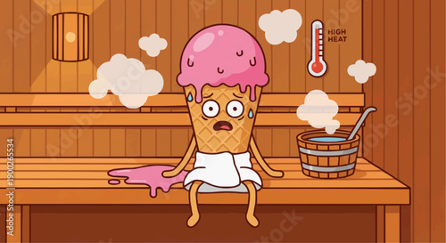 Melting Ice Cream Character Relaxing in Sauna Vector Illustration - Funny Summer Concept