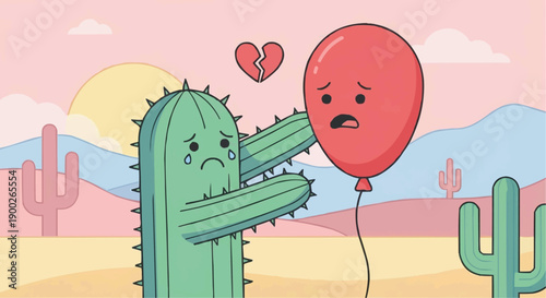 Cactus Character Trying to Hug Red Balloon Vector Illustration - Forbidden Love Concept