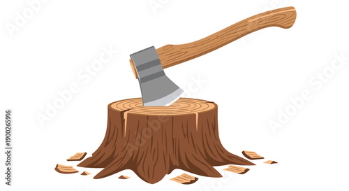 Heavy Axe Embedded Firmly into a Wooden Tree Stump Surrounded by Freshly Cut Wood Chips Rustic Scene