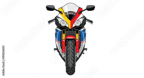 Powerful Sport Motorcycle Presented Front View with Vibrant Multi-Colored Fairings and High-Performance Design