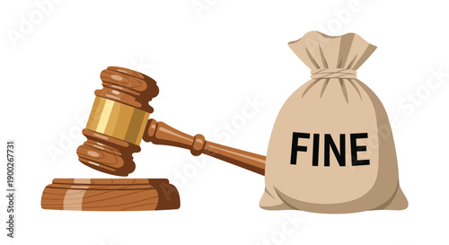 Wooden judge's gavel resting next to a beige fabric money bag prominently displaying the word FINE, symbolizing legal