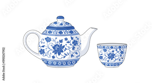 Exquisite blue and white porcelain teapot and matching teacup, adorned with elegant floral and vine patterns.