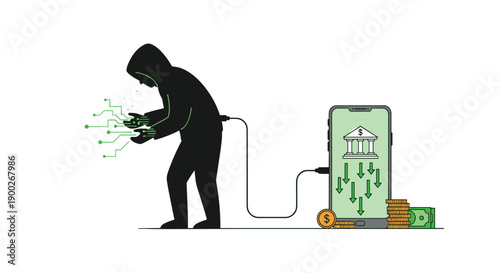 Hooded hacker silhouette wirelessly connected to a smartphone displaying banking data and digital currency, symbolizing