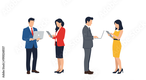 Four diverse business professionals, two men and two women, actively engaged with laptops and tablets in a modern