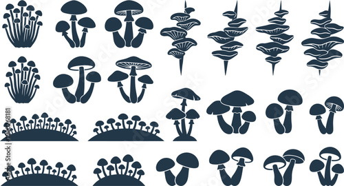 New array of stylized mushroom and fungi vector silhouette illustrations, essential graphic assets for nature-inspired design projects