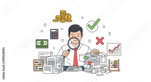 Diligent accountant meticulously examining piles of financial documents with a magnifying glass, surrounded by money