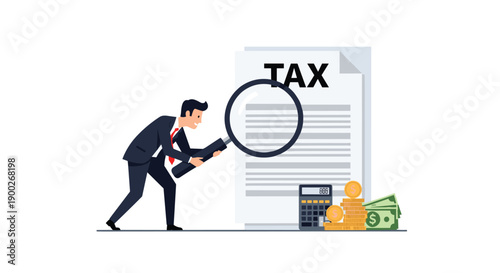 Focused businessman in a suit intently reviewing a large TAX document with a magnifying glass, surrounded by money.