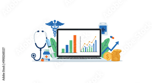 Laptop screen displaying diverse medical graphs and charts, surrounded by healthcare items and stacks of money.