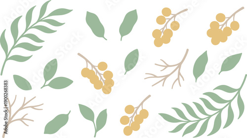 Nature-inspired vector collection featuring delicate green leaves, vibrant berries, and rustic branches for versatile design projects
