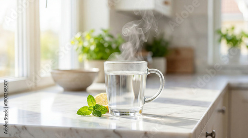 Wallpaper Mural Refreshing hot water in glass cup with lemon and mint placed on marble countertop in cozy kitchen. Steamy hot water indicates freshness and warmth, perfect for healthy lifestyle. Concept of beverages. Torontodigital.ca