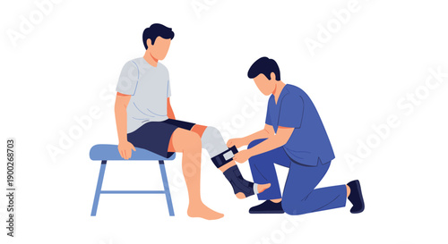 Male physiotherapist carefully adjusting an ankle brace on a man sitting on a stool, demonstrating orthopedic support.