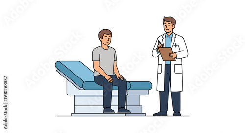 Male doctor consulting with a male patient seated on an examination table, diligently taking notes during a checkup.