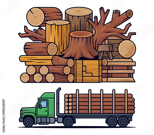 A green truck transports logs and tree trunks for lumber and wood production in a cartoon illustration.