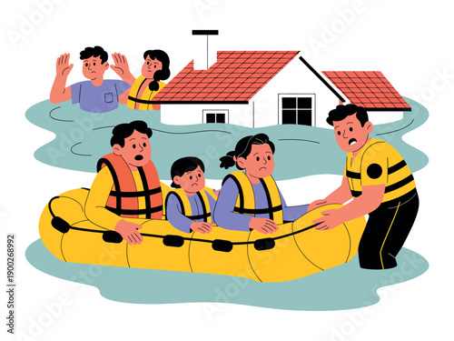A family in a yellow raft being rescued by a lifeguard during a flood with a house in the background.