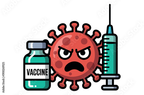 A cartoon illustration of a virus with an angry face next to a vaccine bottle and syringe
