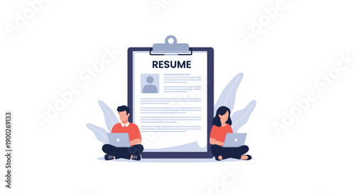 Man and woman with laptops, sitting near a giant resume document, symbolizing online job applications and career