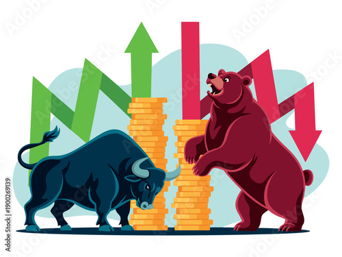 A bull and a bear stand facing each other with stacks of gold coins and arrows in the background, symbolizing market trends and financial concepts.