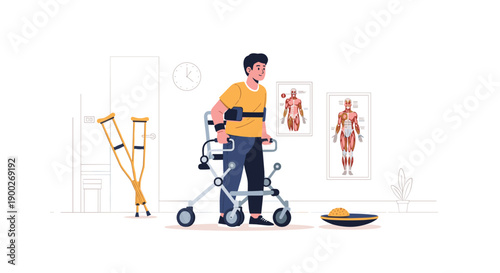 Man in a rehabilitative exoskeleton walker, learning to walk during physical therapy, with crutches nearby.