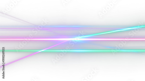 Colorful light beams cross over a dark background and a white background during a digital art display