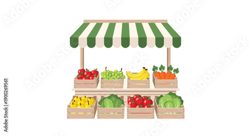 Traditional outdoor market stall with green striped awning, displaying fresh fruits and colorful vegetables in wooden