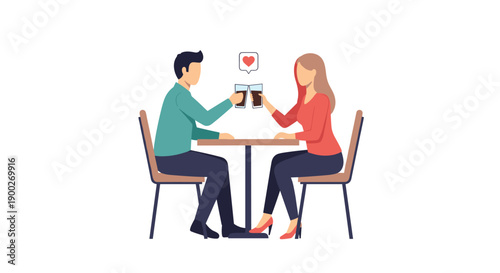 Couple sitting at a table toasting drinks with a heart symbol floating above, signifying romance and celebration.