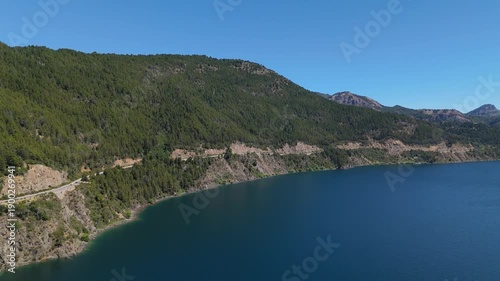 Aerial panoramic landscape view of Lake Lacar and the picturesque mountain town of San Martin de los Andes, located in Neuquen province, Patagonia, Argentina