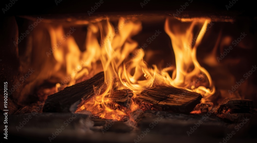 Fototapeta premium Blazing fireplace with burning logs and intense flames.