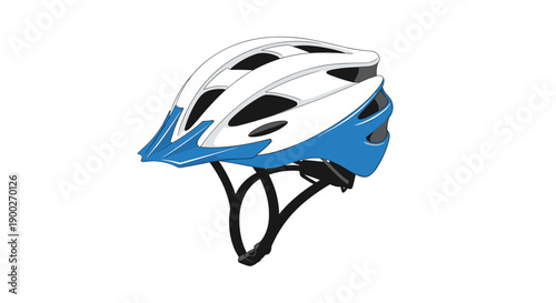Stylish white and blue bicycle helmet with a front visor, offering enhanced protection and aerodynamic design.