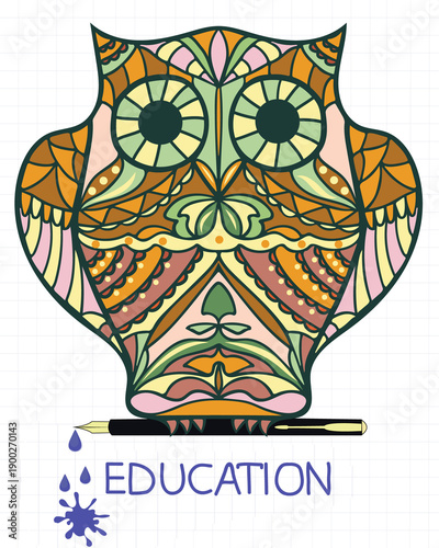 Colorful owl design with a pen under the word education captures the essence of learning and creativity