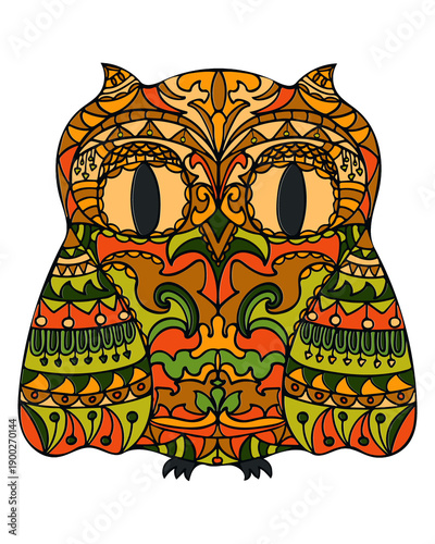 Colorful owl design with intricate patterns and shapes created for a fun art project or coloring activity