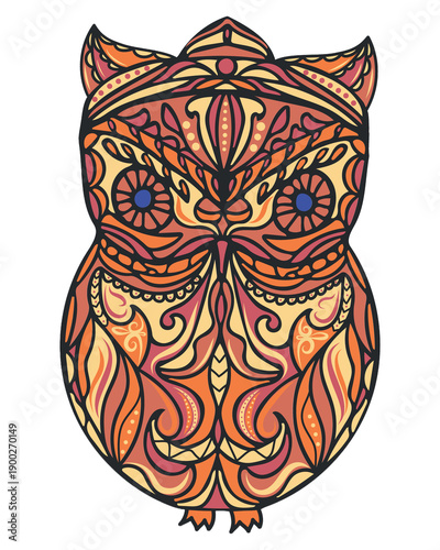 Colorful owl design featuring intricate patterns and shapes with vibrant colors on a plain background