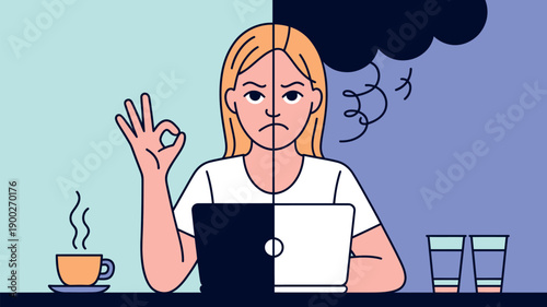 A cartoon woman sitting at a desk with a laptop, displaying conflicting emotions of satisfaction and frustration while working.