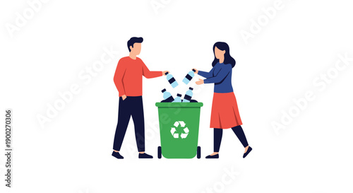 Man and woman actively placing plastic bottles into a green recycling bin, demonstrating eco-friendly environmental