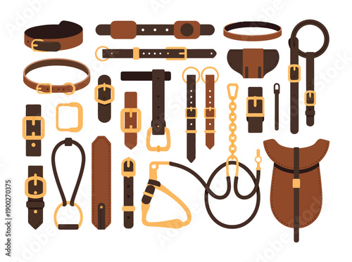 A collection of various leather restraints and bondage gear with gold hardware on a white background