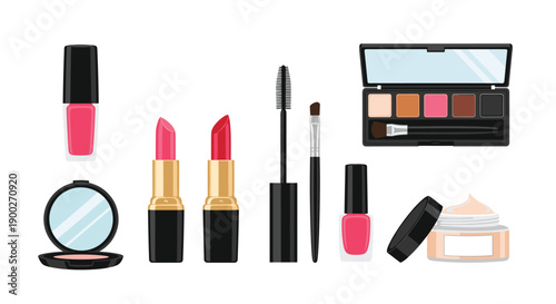 Assortment of colorful makeup products including lipsticks, nail polish, mascara, eyeshadow palettes, and brushes.