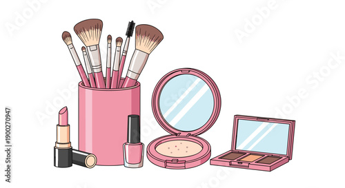 Collection of makeup brushes in a holder, compact powder, and an eyeshadow palette, neatly arranged.