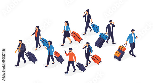 Busy isometric travelers walking with rolling luggage and smartphones in a dynamic airport scene, bustling activity.