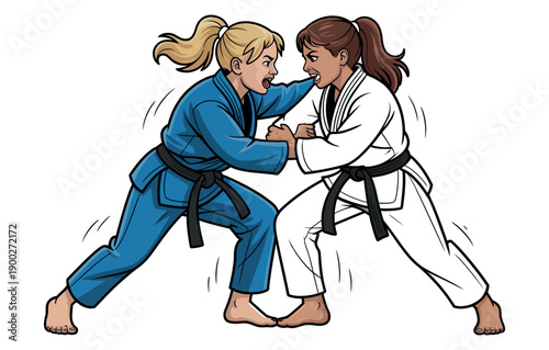 Two women in karate uniforms practicing martial arts techniques