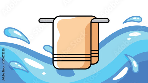 An illustration of a towel hanging on a rack with water waves and droplets in the background